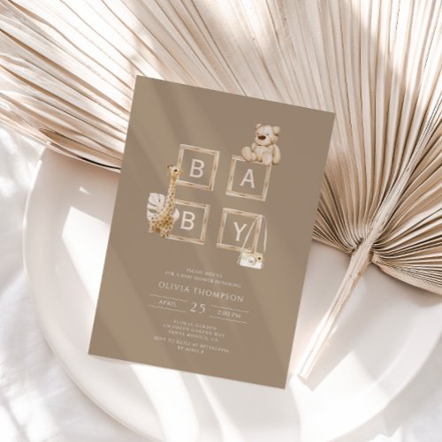 Boho Brown Wood Block Letters Baby Shower  Invitation