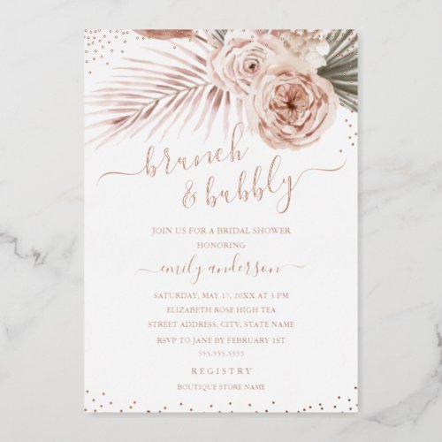 Boho Brunch And Bubbly ROSE GOLD Bridal Shower Foil Invitation