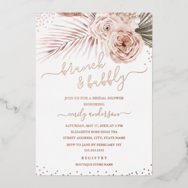 Boho Brunch And Bubbly ROSE GOLD Bridal Shower Foil Invitation (Front)