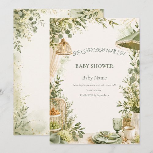 Boho Brunch Baby Shower | Sage Green Botanical Invitation