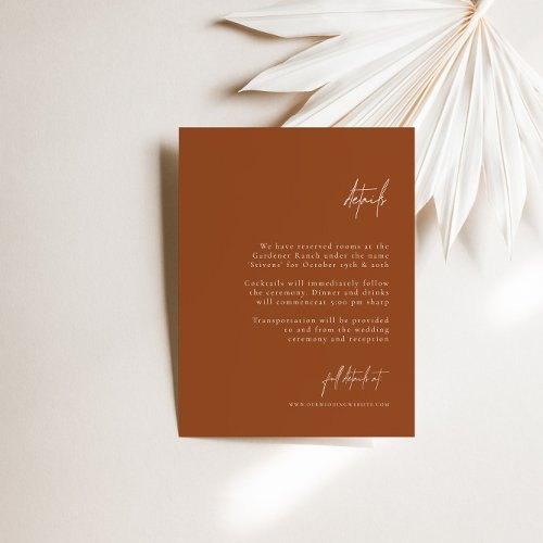 Boho Brunt Orange Elegant Minimal Wedding Details Enclosure Card