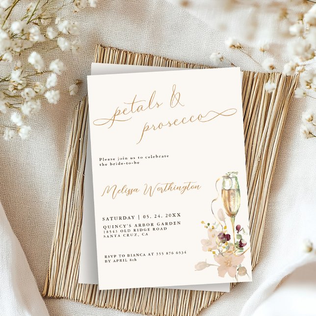 Boho Bubbly Petals & Prosecco Script Bridal Shower Invitation (Creator Uploaded)