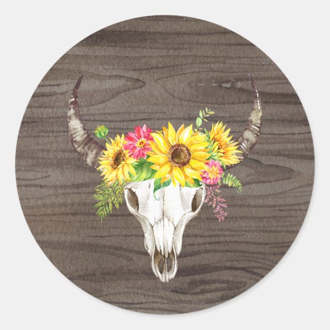Boho Bull Skull Dark Wood Classic Round Sticker (Front)