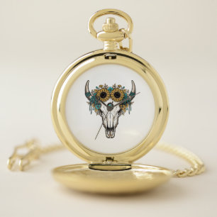 Boho Bull Skull Sunflower Vintage Western Engravin Pocket Watch