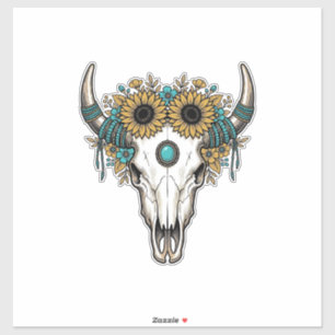 Boho Bull Skull Sunflower Vintage Western Engravin Sticker