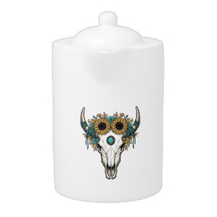 Boho Bull Skull Sunflower Vintage Western Engravin Teapot