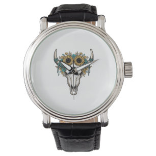 Boho Bull Skull Sunflower Vintage Western Engravin Watch