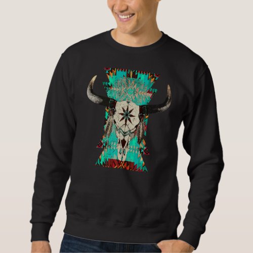 Boho Bull Skull Turquoise Aztec Western Country Ro Sweatshirt