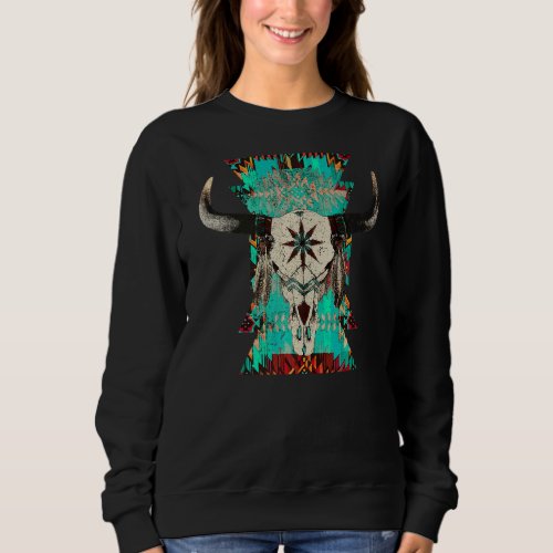 Boho Bull Skull Turquoise Aztec Western Country Ro Sweatshirt