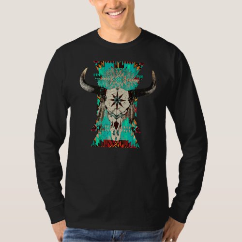 Boho Bull Skull Turquoise Aztec Western Country Ro T_Shirt
