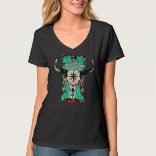 Boho Bull Skull Turquoise Aztec Western Country Ro T_Shirt