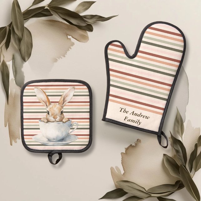 Boho Bunny Cup Striped Custom Oven Mitt & Pot Holder Set (Boho Bunny Cup Striped Custom Oven Mitt & Pot Holder Set)