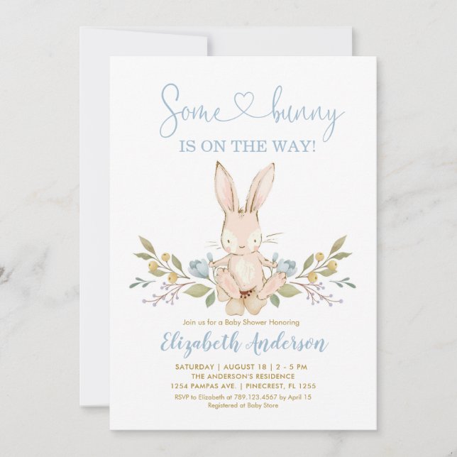 Boho Bunny Rabbit Blue Boy Baby Shower  Invitation (Front)