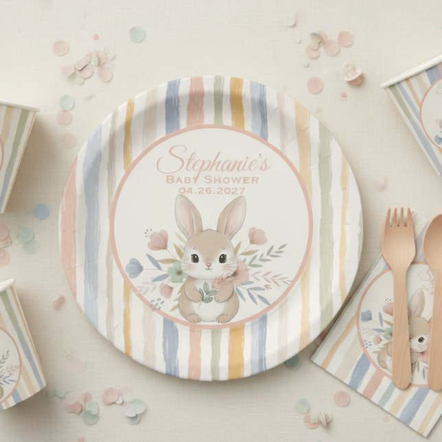 Boho Bunny Watercolor Stripe Plate (Boho bunny watercolor striped baby shower paper plate)