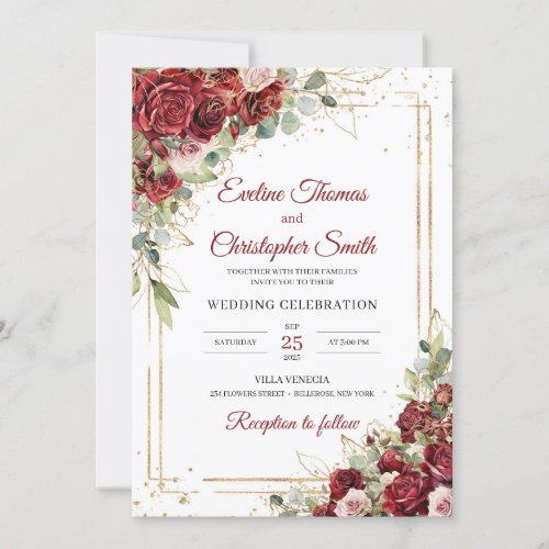 Boho burgundy and blush roses wedding invitation