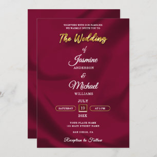Boho Burgundy and Gold Foil Script Wedding Simple Invitation