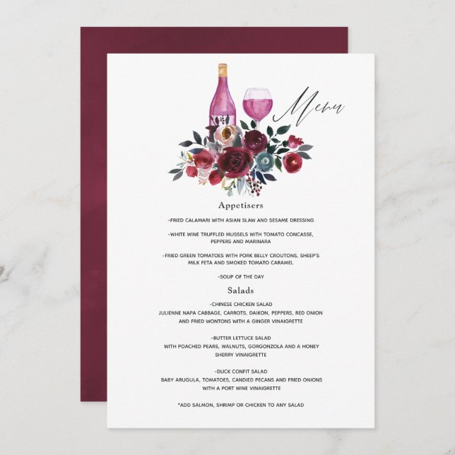 Boho Burgundy and Navy Bridal Shower Wine Tasting Menu (Front/Back)