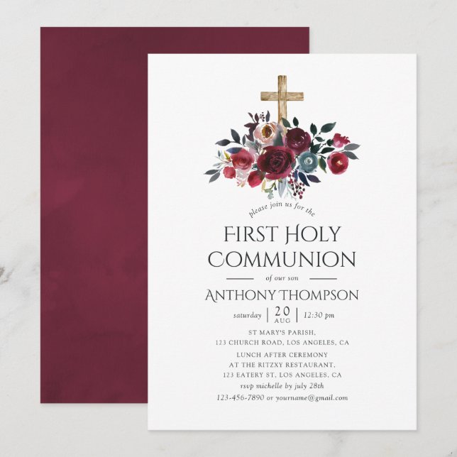 Boho Burgundy and Navy Floral First Holy Communion Invitation (Front/Back)