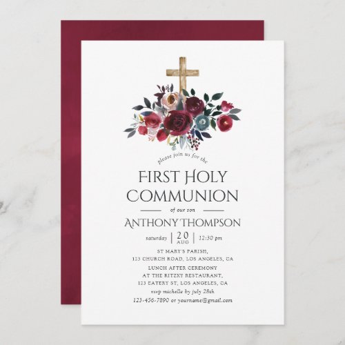 Boho Burgundy and Navy Floral First Holy Communion Invitation