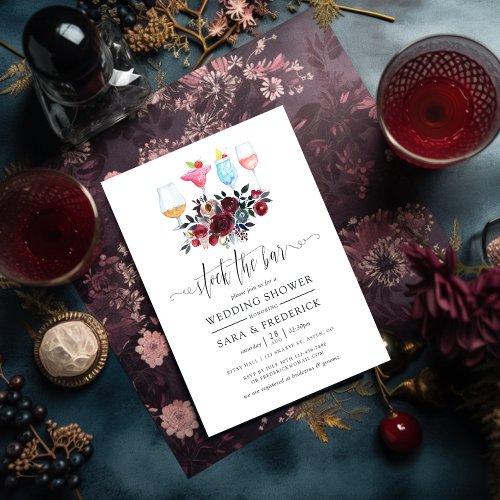 Boho Burgundy and Navy Floral Stock the Bar Invitation