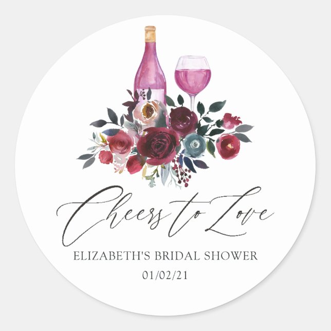 Boho Burgundy and Navy Wine Tasting Bridal Shower Classic Round Sticker (Front)