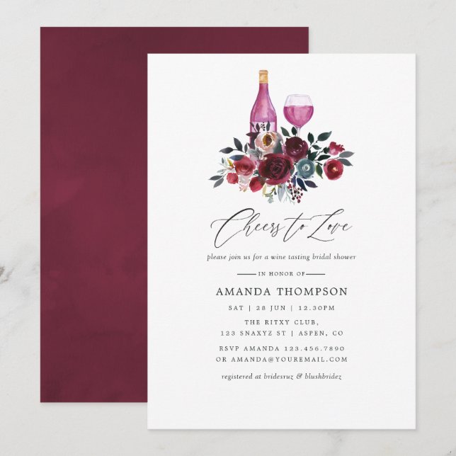 Boho Burgundy and Navy Wine Tasting Bridal Shower Invitation (Front/Back)