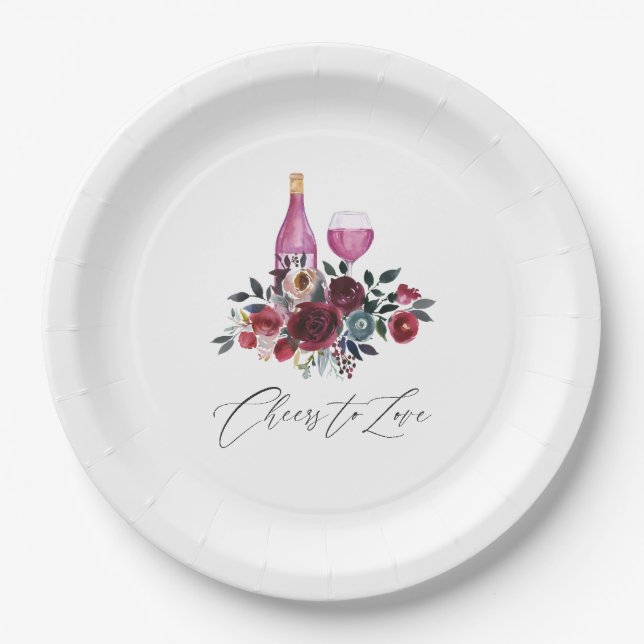 Boho Burgundy and Navy Wine Tasting Bridal Shower Paper Plates (Front)