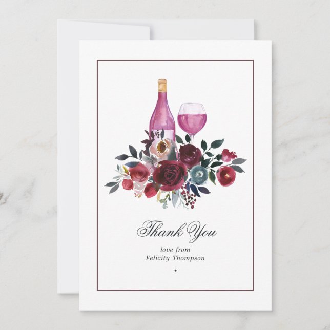 Boho Burgundy and Navy Wine Tasting Bridal Shower  Thank You Card (Front)