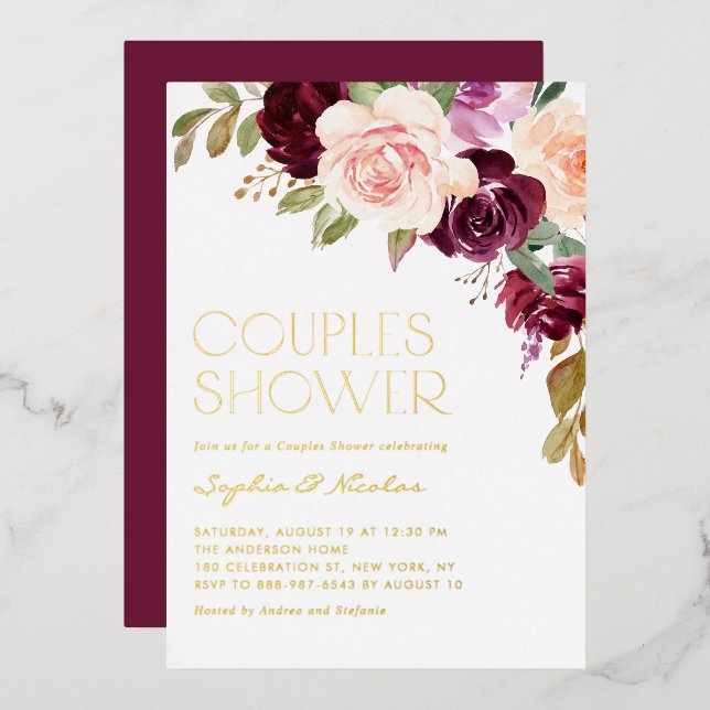 Boho Burgundy and Peach Floral Fall Couples Shower Foil Invitation (Front/Back)