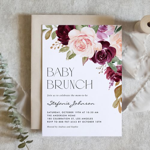 Boho Burgundy and Peach Flowers Fall Baby Brunch Invitation