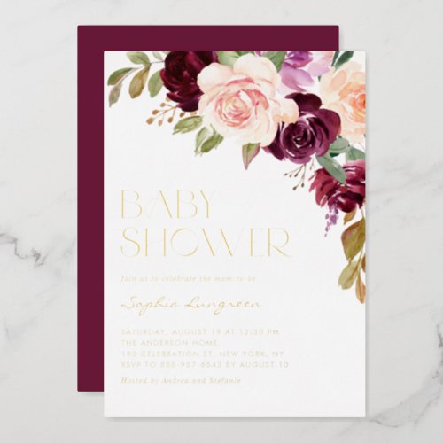 Boho Burgundy and Peach Flowers Fall Baby Shower Foil Invitation