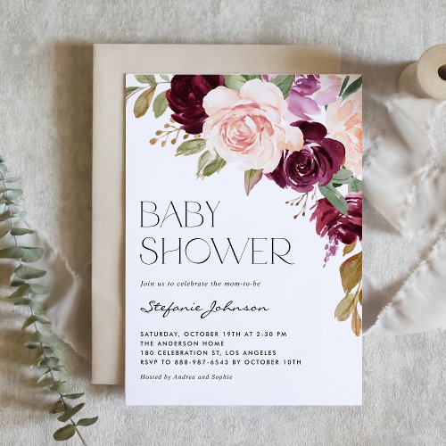 Boho Burgundy and Peach Flowers Fall Baby Shower Invitation