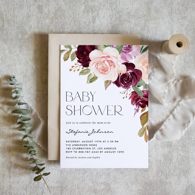 Boho Burgundy and Peach Flowers Fall Baby Shower Invitation (Creator Uploaded)