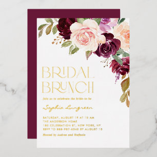 Boho Burgundy and Peach Flowers Fall Bridal Brunch Foil Invitation