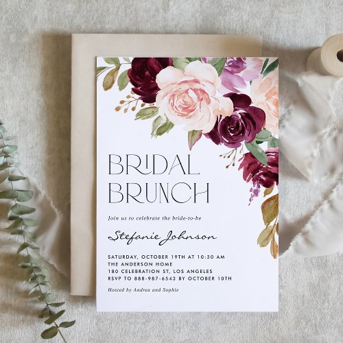 Boho Burgundy and Peach Flowers Fall Bridal Brunch Invitation