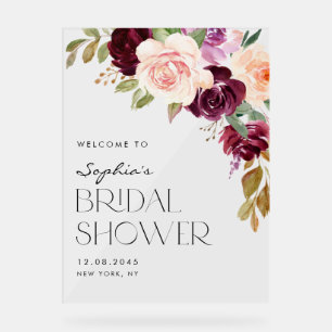 Boho Burgundy and Peach Flowers Fall Bridal Shower Acrylic Sign