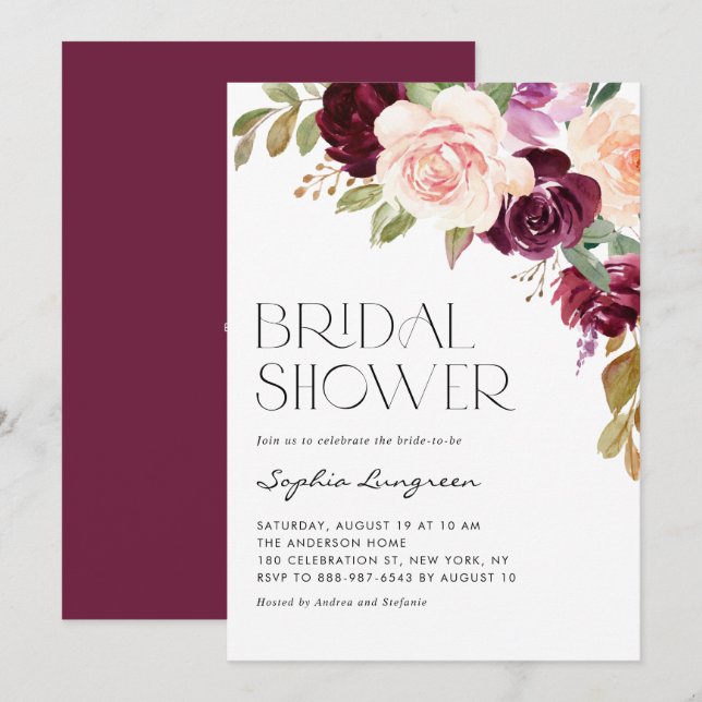 Boho Burgundy and Peach Flowers Fall Bridal Shower Invitation (Front/Back)