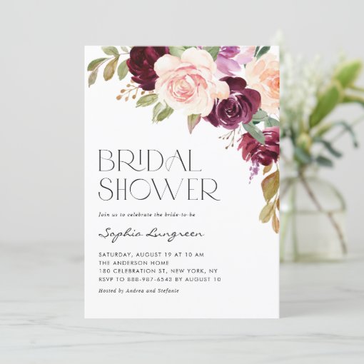 Boho Burgundy And Peach Flowers Fall Bridal Shower Invitation 