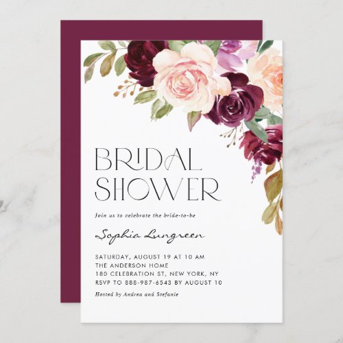 Boho Burgundy and Peach Flowers Fall Bridal Shower Invitation