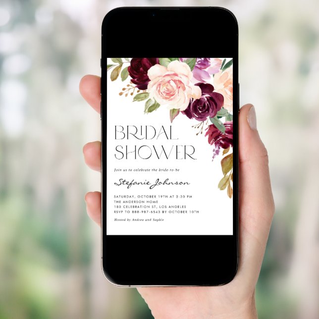 Boho Burgundy and Peach Flowers Fall Bridal Shower Invitation (Front Digital)