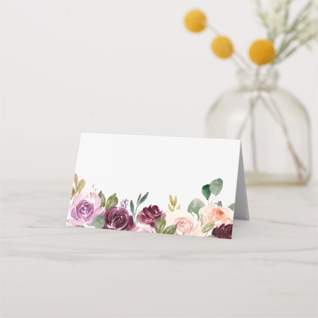 Boho Burgundy and Peach Flowers Fall Wedding Place Card (Front)