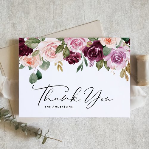 Boho Burgundy and Peach Flowers Fall Wedding Thank You Card