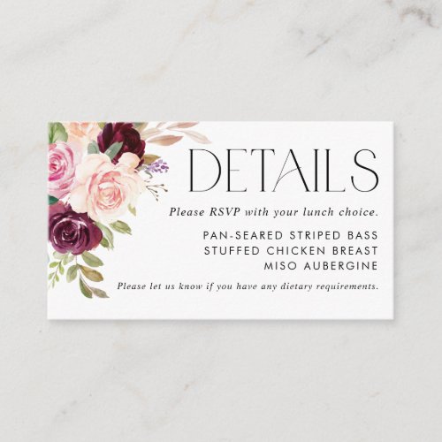 Boho Burgundy and Peach Flowers Meal Choice Enclosure Card