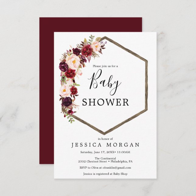 Boho Burgundy Baby Shower Invitation Card (Front/Back)