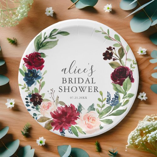 Boho Burgundy Blue Floral Script Bridal Shower Paper Plates