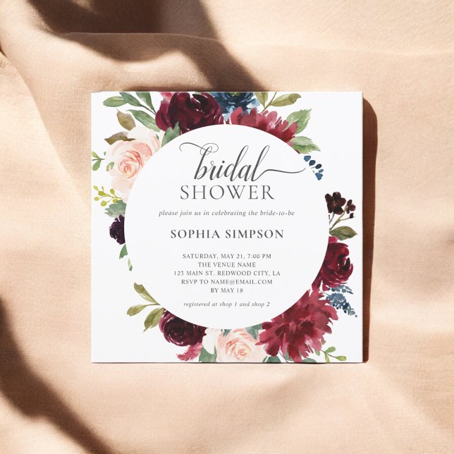 Boho Burgundy Blue Flowers Script Bridal Shower Invitation (Creator Uploaded)