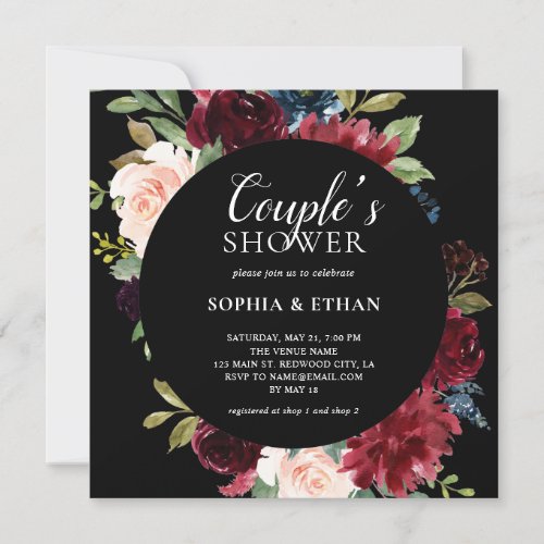 Boho Burgundy Blue Flowers Script Couples Shower Invitation