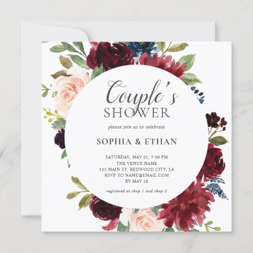 Boho Burgundy Blue Flowers Script Couples Shower Invitation