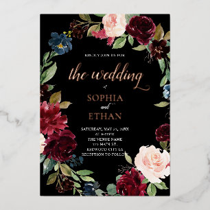Boho Burgundy Blue Flowers Script Wedding Foil Invitation