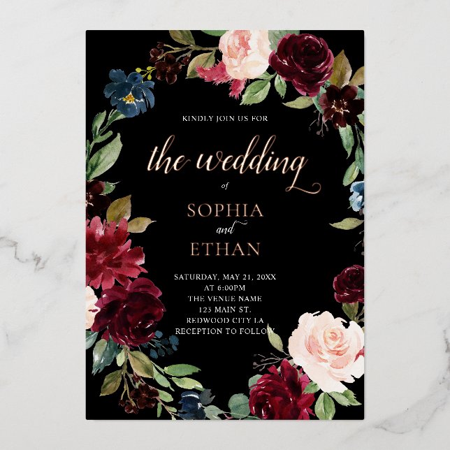 Boho Burgundy Blue Flowers Script Wedding Foil Invitation (Front)